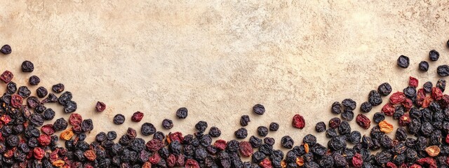 Dried berries scattered on textured background with ample copy space for text insertion