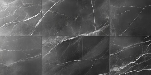 Black marble texture with white veins in large tiles arranged in a grid pattern Copy Space