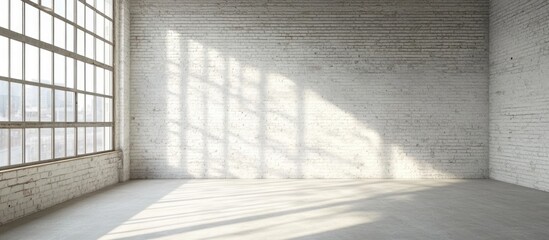 Fototapeta premium Bright industrial interior with large windows casting shadows on a spacious empty room featuring white brick walls and smooth concrete flooring.