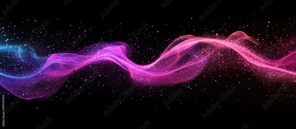 Aufkleber colorful abstract wave patterns with glowing particles on a dark background featuring ample copy spa