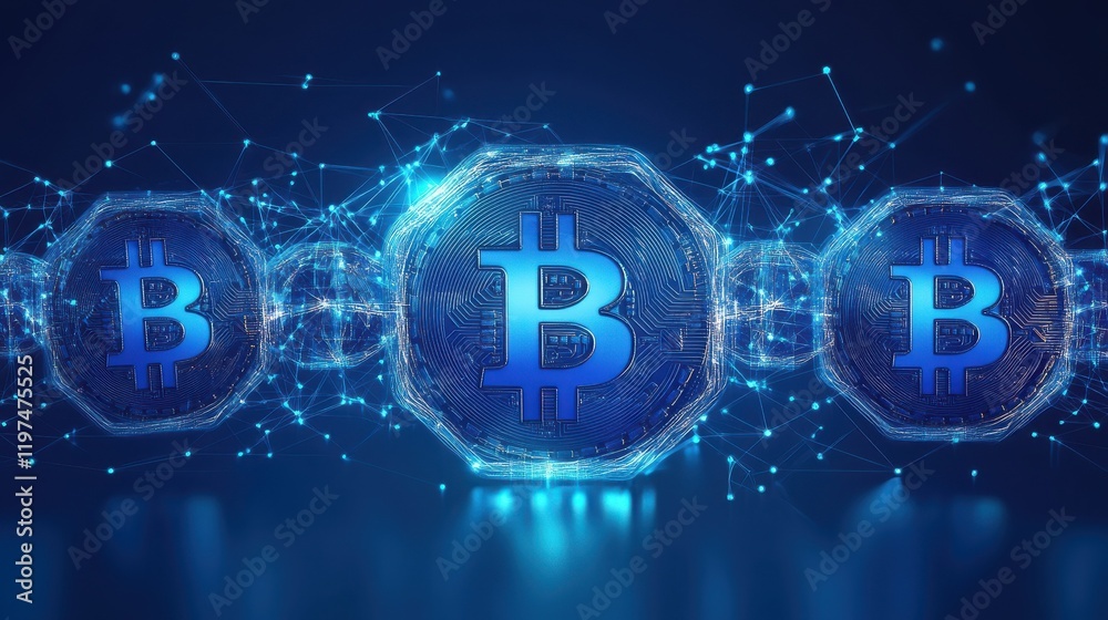 Poster blockchain technology network futuristic hud background with chain of blocks polygon peer to peer ne