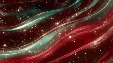 Abstract swirling waves of red and turquoise with shimmering speckles on a dark backdrop