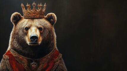 Regal bear wearing a crown and ornate robe with Copy Space for text on a dark background, symbolizing majesty and power.
