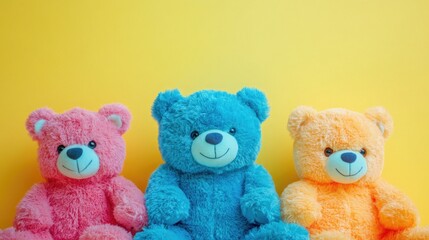 Three colorful plush teddy bears in pink, blue, and orange on a bright yellow background with Copy Space for text placement.