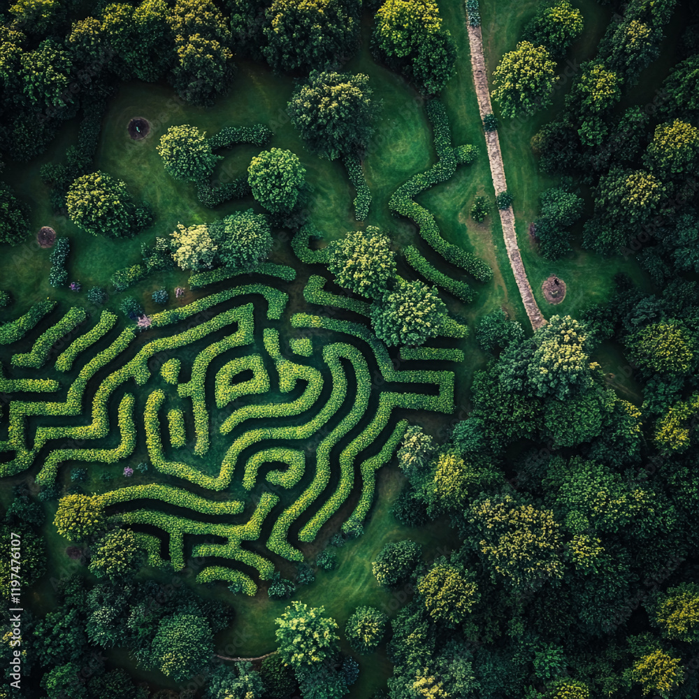 Poster aerial view of a lush green maze surrounded by forest trees