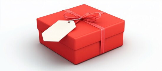 Red gift box with ribbon and blank tag on white background for holiday or special occasion with copy space