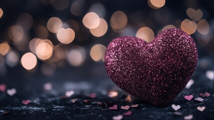 Fototapeta premium A radiant heart rests on a table, surrounded by a flurry of smaller hearts, capturing the essence of love and celebration on Valentine's Day.