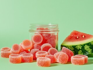 Colorful watermelon flavored gummy candies capture a refreshing summer vibe on a bright green background