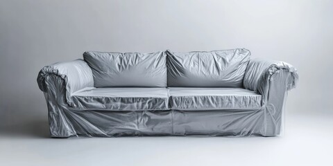 Stylish modern gray sofa covered with protective plastic wrap on a minimalist background with ample Copy Space for text or graphics