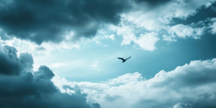 Eagle flying in a cloudy sky with dramatic lighting and Copy Space for text placement