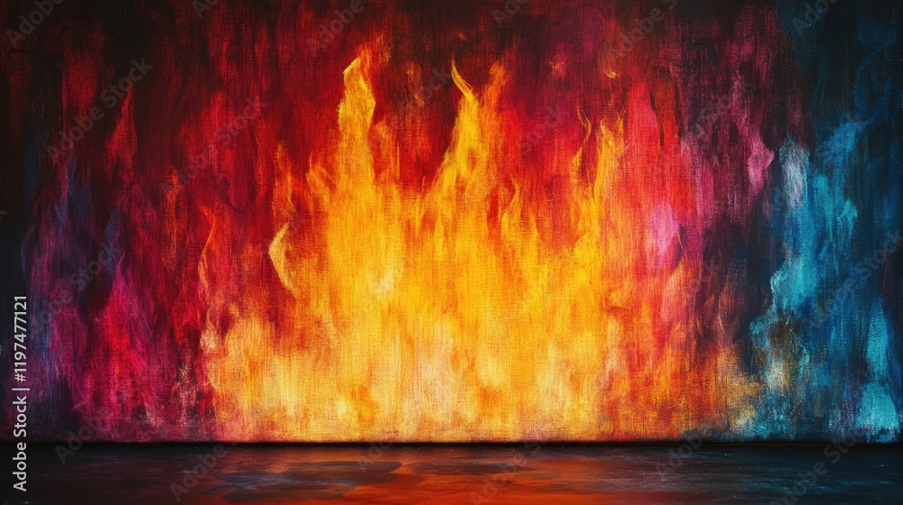 Wall mural Colorful abstract painting depicting flames in shades of red, orange, and yellow against a dark backdrop with Copy Space available.