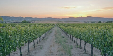 Fototapeta premium Vineyard rows at sunset with mountains in the background and clear sky Copy Space