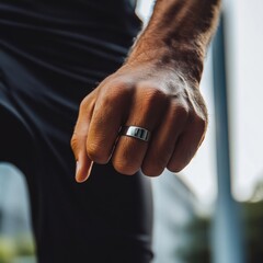 Fototapeta premium Close-up of a hand displaying a sleek ring against a contemporary urban backdrop during daytime