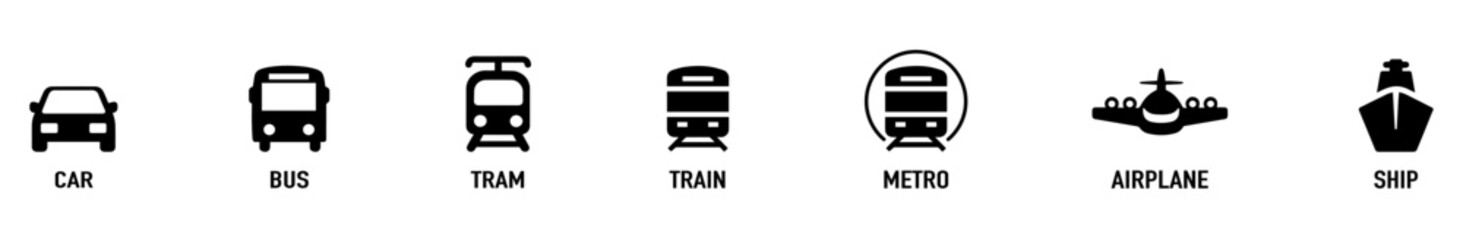 Air, auto, railway transport icon set. Stop Station Sign for Public Transport Glyph Pictogram. Car, Bus, Tram, Train, Metro, Plane, Ship Icon in Front View. Isolated Vector Illustration. EPS 10