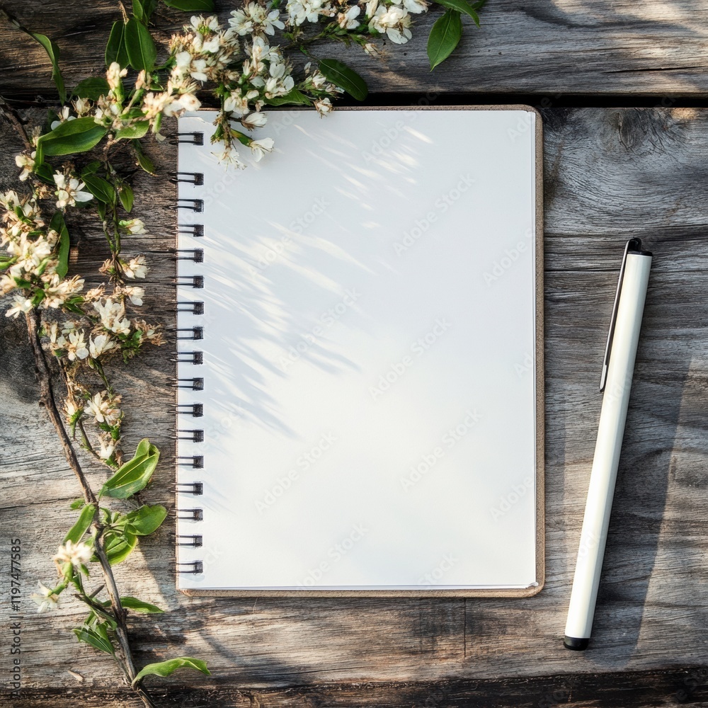 Poster empty notebook and pen on rustic wooden table with delicate flowers, perfect for creative thoughts a