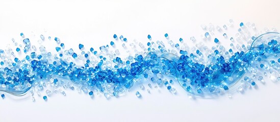 Abstract blue gemstone background with scattered crystals and a wavy design on a white backdrop with copy space.