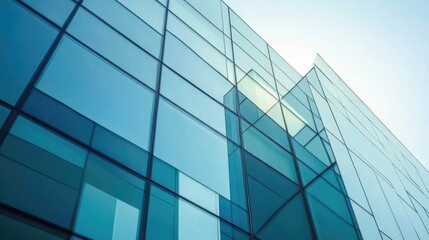 Modern architecture with reflective glass facade showing geometric lines and angles against a clear sky Copy Space