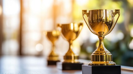 Three golden trophies on a table with blurred background and soft sunlight Copy Space