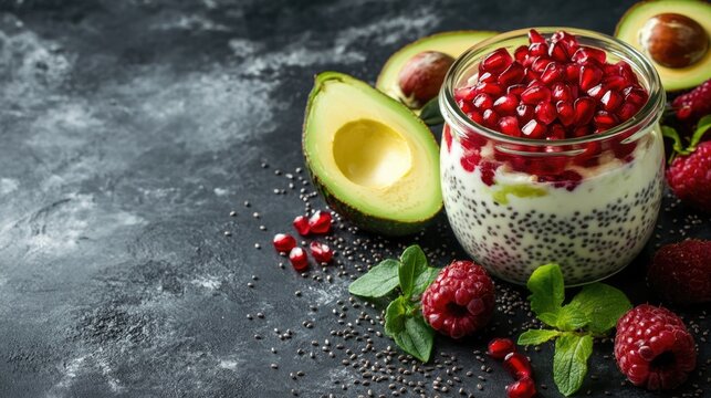 Healthy yogurt parfait with pomegranate seeds, raspberries, avocado halves, chia seeds, and fresh mint on a dark texture background Copy Space