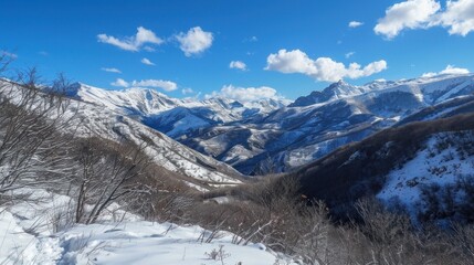 Fototapeta premium Snowy mountain valley panorama, winter landscape, scenic view, travel poster