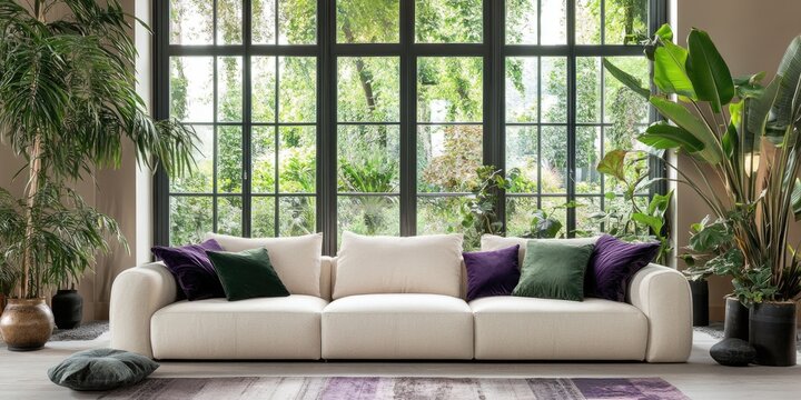 Modern living room interior with large windows green plants and a light beige sofa featuring dark purple cushions and rugs Copy Space