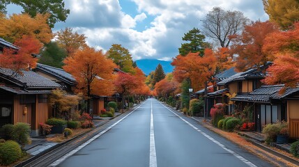 Obraz premium Autumnal Road Through Traditional Japanese Village Homes