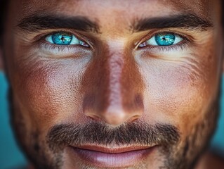 Naklejka premium Intense gaze of a man with striking blue eyes showcasing a rugged facial appearance under natural light