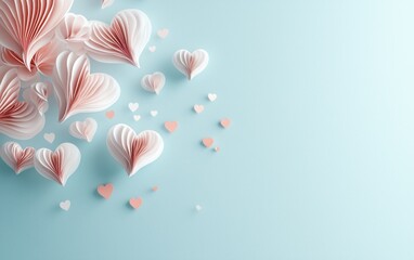 A whimsical scattering of pink hearts dances across a serene blue background, celebrating love's vibrant spirit on Valentine's Day.