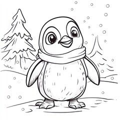 Obraz premium Happy penguin in scarf, snowy landscape, winter scene, coloring page