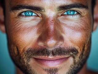 Obraz premium Close-up portrait of a man with striking blue eyes and a well-defined beard, showcasing natural skin texture and healthy complexion in bright lighting