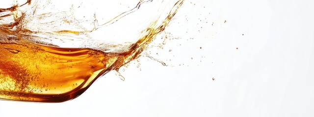 Caramel colored liquid splash with water droplets on white background with Copy Space for text placement