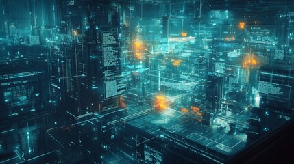 Fototapeta premium Futuristic Digital Cityscape with Blue and Orange Lights in 3D