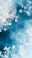 Beautiful natural ice crystals and snowflakes forming delicate patterns against deep turquoise winter background, creating magical frost border with intricate details and bokeh effect.