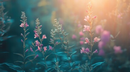 Soft focus of pink wildflowers with blurred background and warm sunlight, providing ample copy space for text placement.