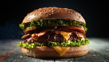 a delicious beef burger with cheese in perfect shot