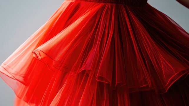 Red tulle skirt with layered design showcasing texture and transparency against a neutral background with Copy Space for text placement.