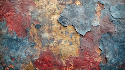 Obraz premium Colorful abstract textured wall with peeling paint in shades of red, blue, and gold suitable for backgrounds Copy Space