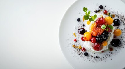 Elegant dessert with fresh berries and colorful fruit gel, presented on a white plate with Copy Space for text placement.