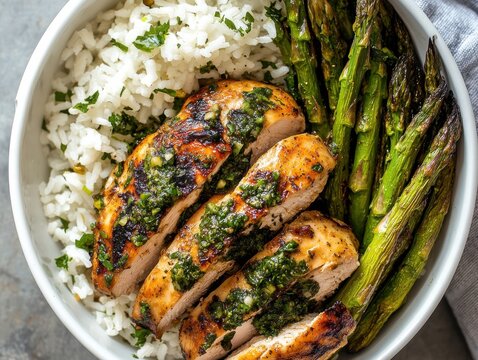 Grilled chicken breast served with rice and asparagus garnished with herbs in a cozy dining setting
