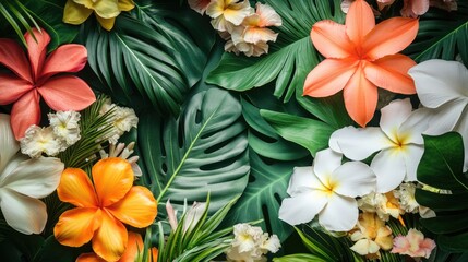 Fototapeta premium Colorful tropical flowers and lush green leaves background with ample copy space for text or design elements. Vibrant natural composition.