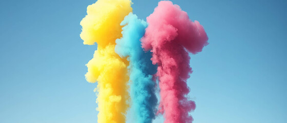 Dynamic smoke patterns creating vibrant abstract forms against a clear sky