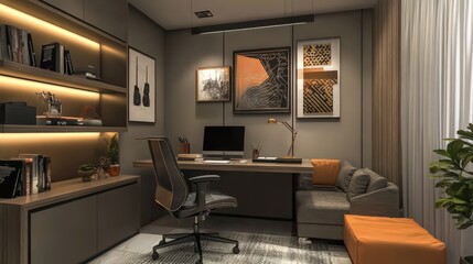 An artistic home office with creative wall decor, a modern desk, and an ergonomic chair for productivity.
