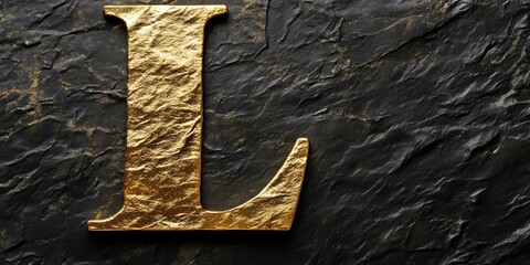 Gold embossed letter L on textured dark stone background with copy space for text.