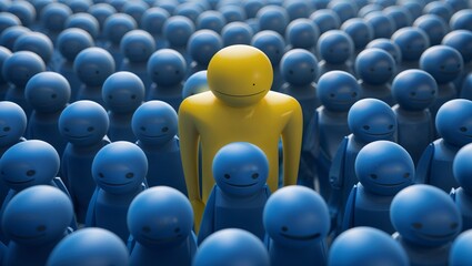 Obraz premium Unique Yellow Figure Standing Out in a Crowded Urban Environment Amidst Dull and Grey Surroundings