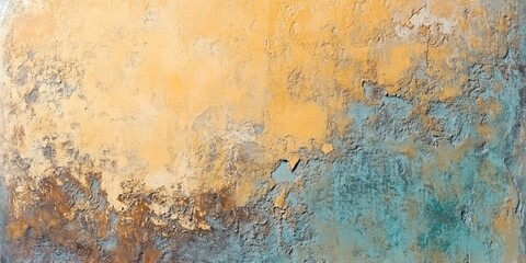 Abstract textured wall background in warm yellow and turquoise hues with rough surface and peeling paint, ideal for artistic applications and design. Copy Space