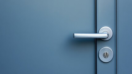 Modern blue door with silver handle and lock featuring ample copy space for text placement and compositional balance.