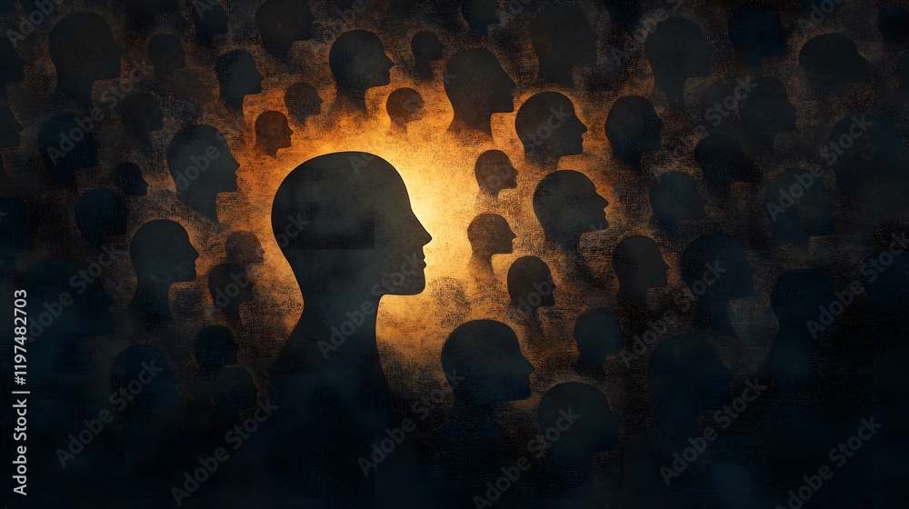 Aufkleber Silhouetted Human Profiles Amidst a Background of Shadowy Faces Creating a Sense of Depth and Isolation in an Abstract Representation of Identity and Social Connection