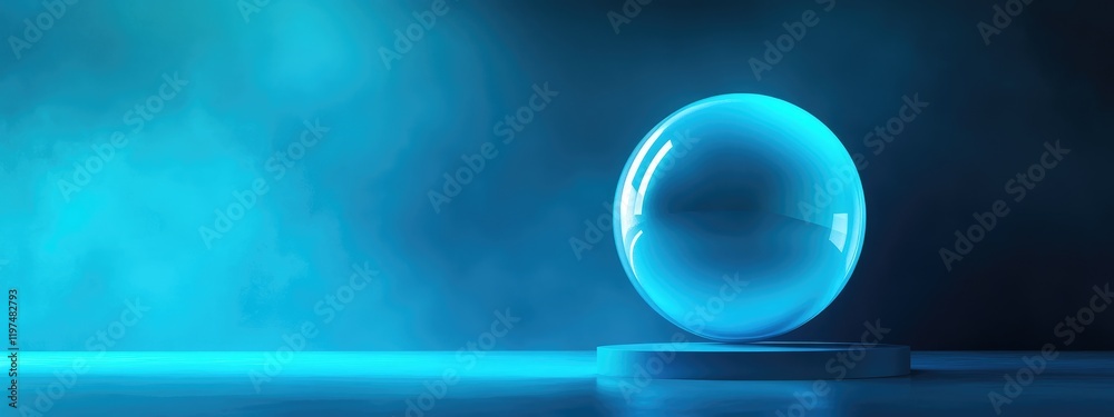 Wall mural blue illuminated glass sphere on a smooth surface with misty background and copy space for text.
