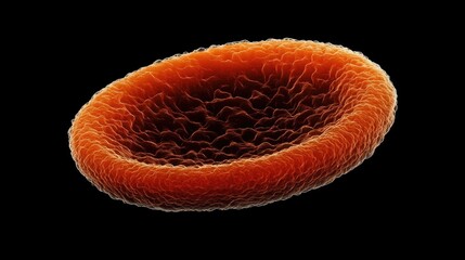 Microscopic view of a red blood cell showcasing intricate surface textures against a black background with ample Copy Space.