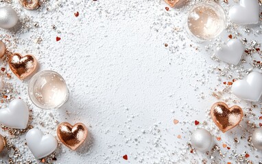 Fototapeta premium A romantic table adorned with glimmering champagne glasses and an array of vibrant hearts, perfect for celebrating love on Valentine's Day.